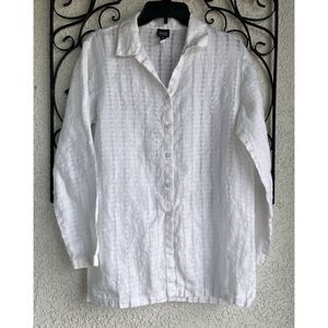 Eileen Fisher Linen Waffle Woven Collard Button Shirt - Size M - White